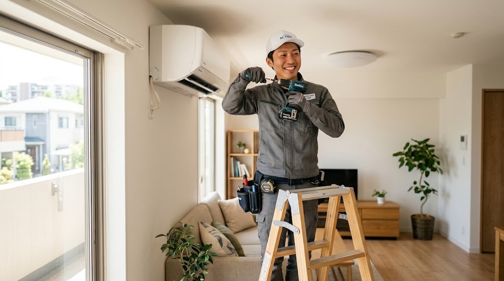 エアコンを取り付ける施工スタッフ